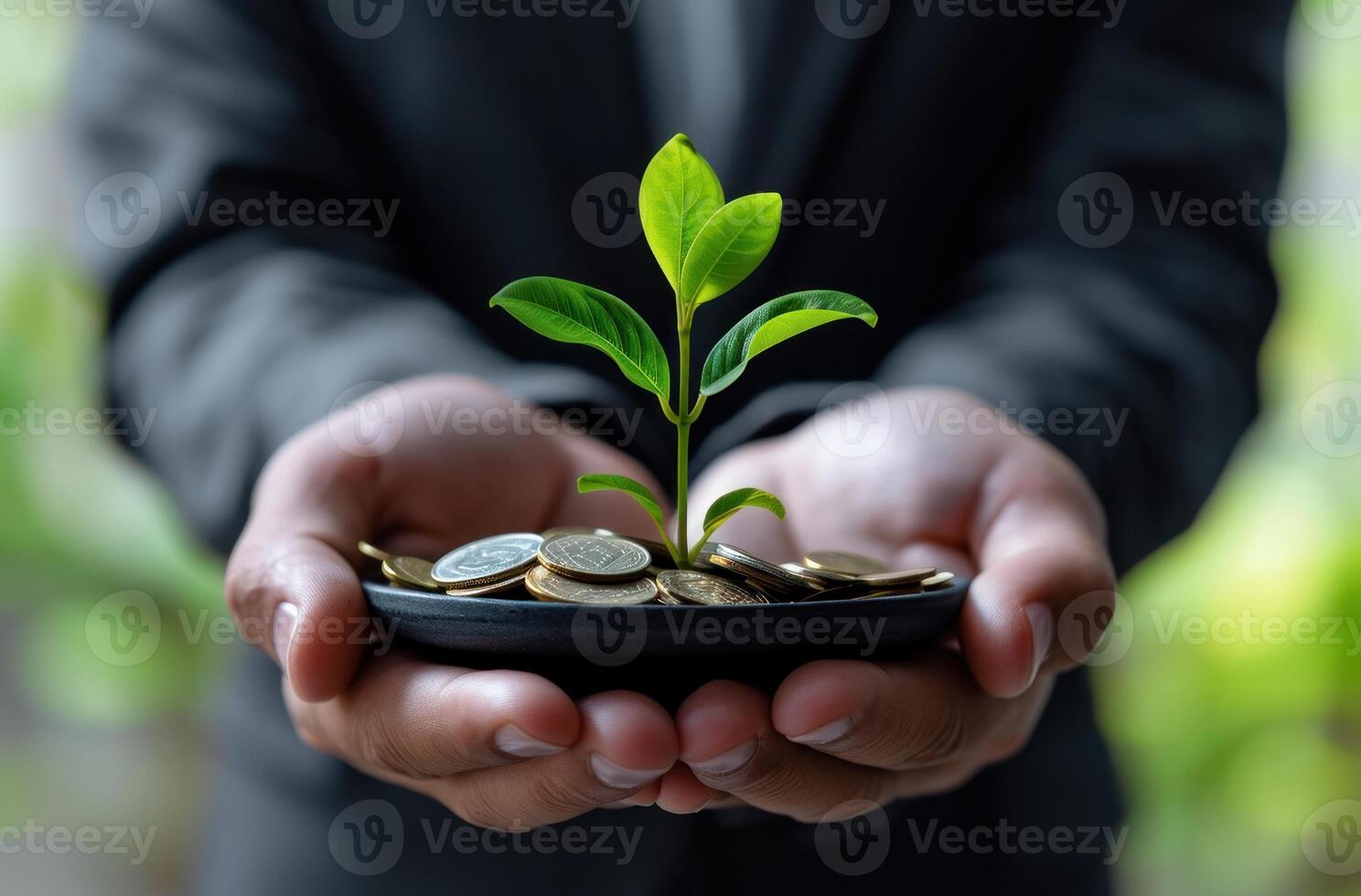 ai generado hombre en traje sostiene bandeja de monedas y pequeño verde planta, responsabilidad concepto foto