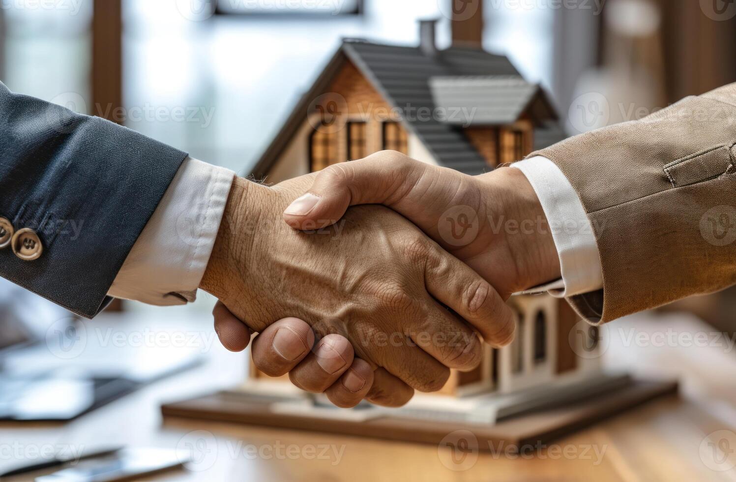 AI generated Two businessmen shake hands over a house model, accountability image photo