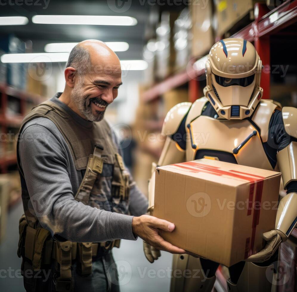 AI generated A man handing package to warehouse robot photo
