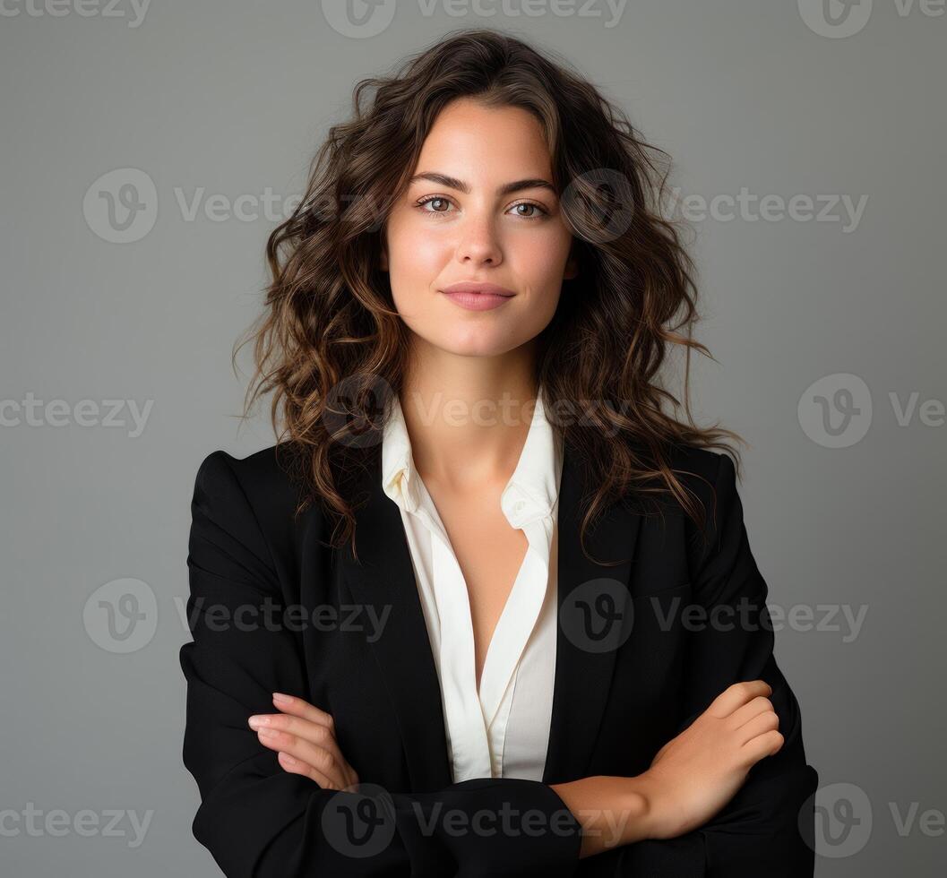 AI generated Businesswoman stands confidently arms crossed smiling on white backdrop, professional job interview attire image photo