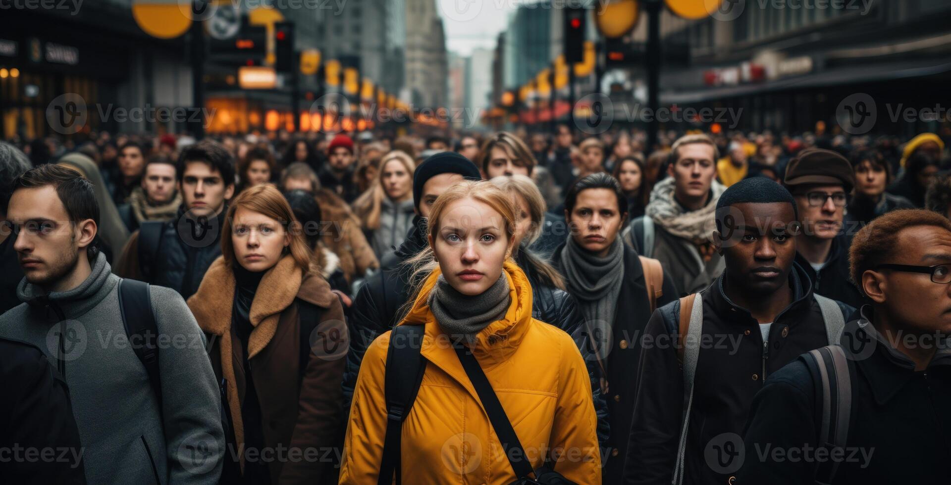 AI generated Large crowd of people gathered in city center, commuter lifestyle photo