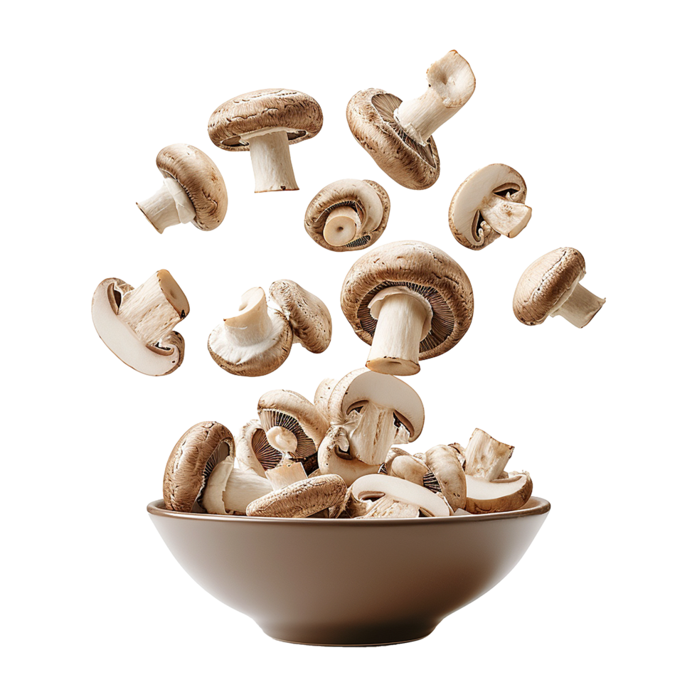 AI generated Fresh mushrooms falling into a bowl isolated on transparent background png