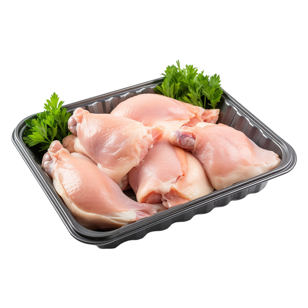 AI generated Raw chicken legs in a black tray isolated on transparent background png