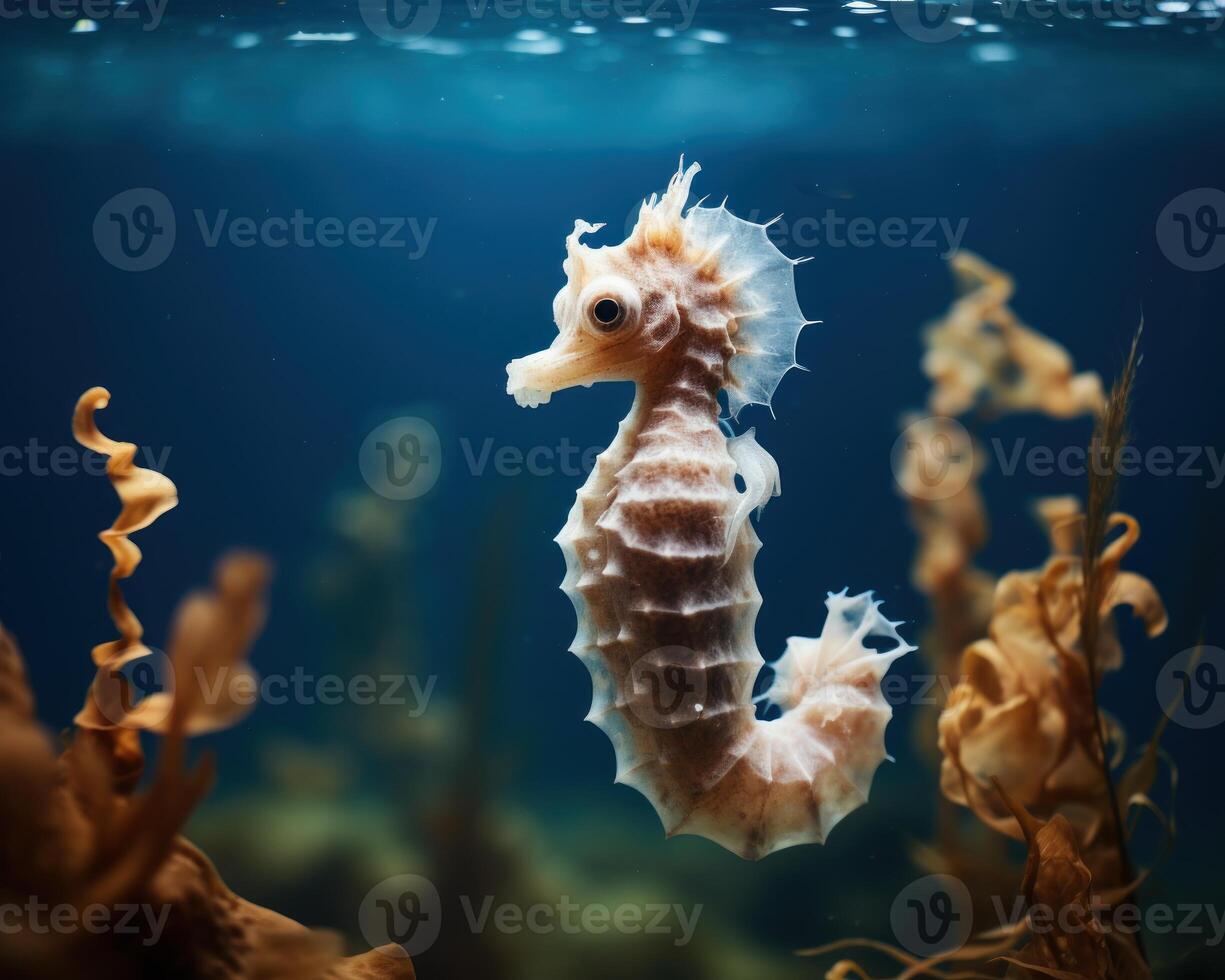 AI generated Small seahorse gracefully swims in the underwater world, rare and endangered species image photo
