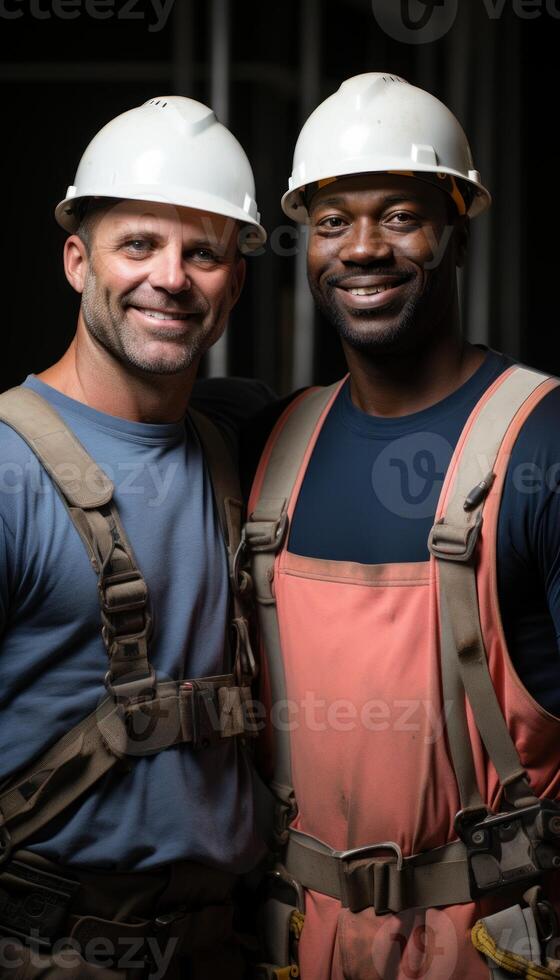 AI generated Two construction workers shake hands on a black background after successfully completing a project demonstrating teamwork and accomplishment, construction and engineering image photo