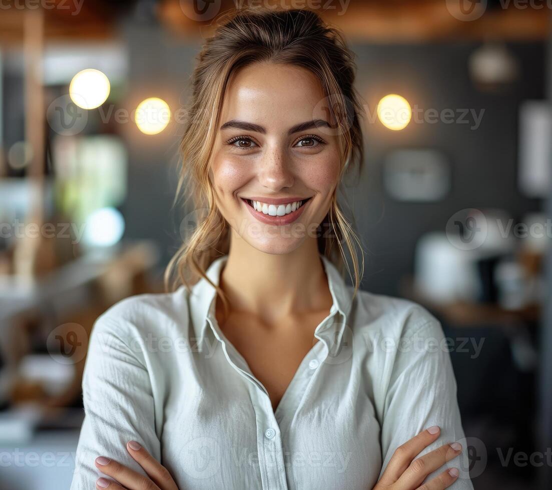 AI generated Smiling businesswoman arms folded in an office confidence and positivity, accountability photo