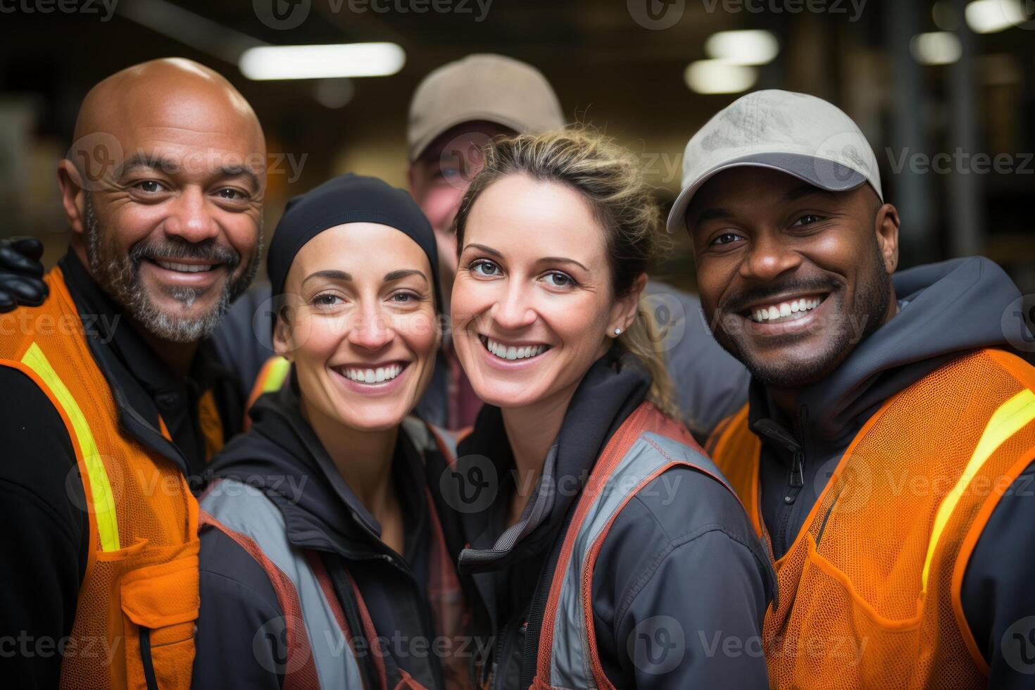 ai generado cuatro diverso construcción trabajadores en materiales peligrosos chalecos a trabajo en un industrial edificio, construcción y Ingenieria imagen foto