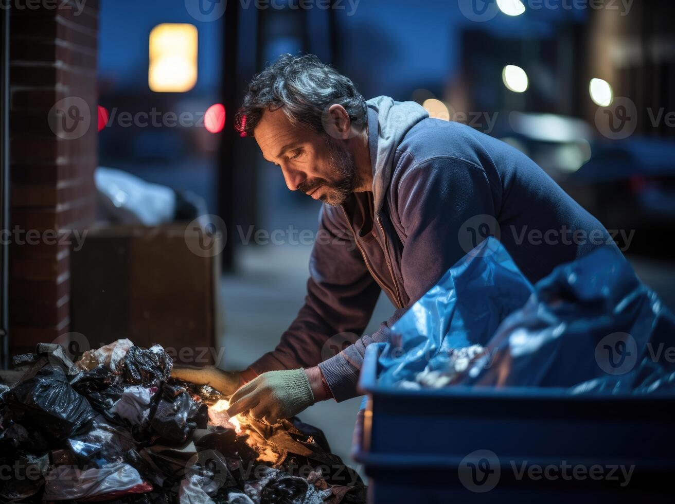 AI generated Person placing a garbage bin outside, social responsibility concept photo