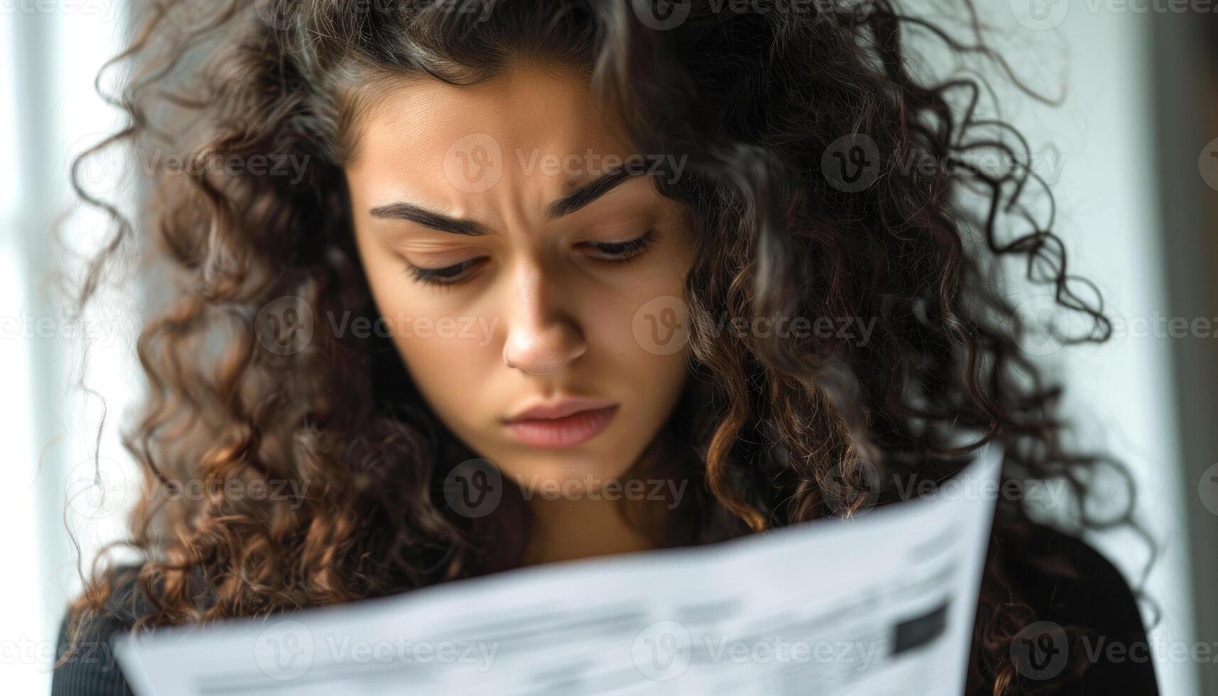 AI generated Stressed young brunette woman reading bill papers, financial difficulties image photo