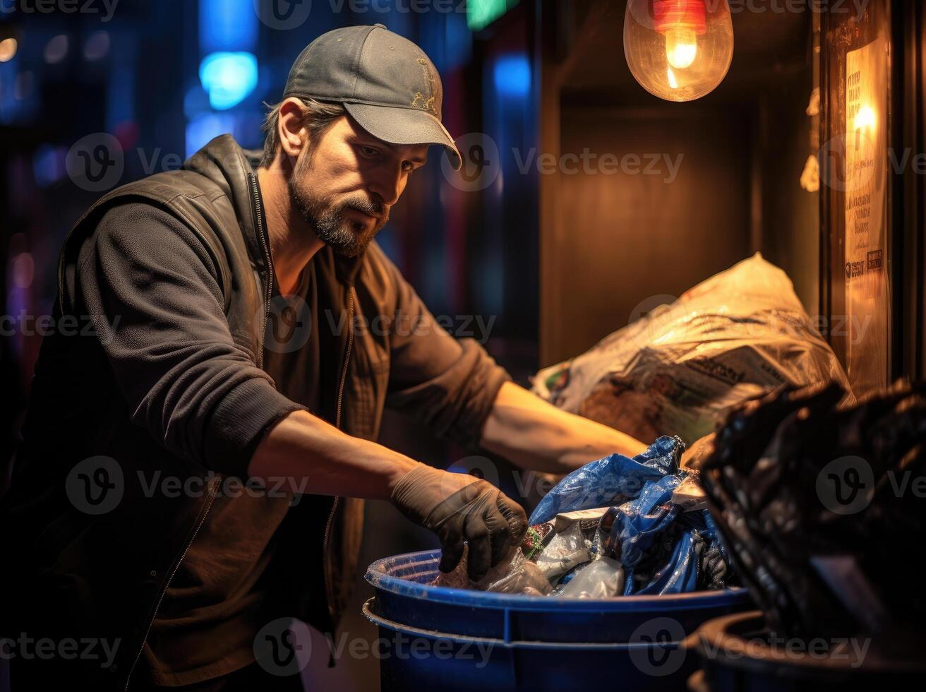 AI generated Responsible man placing a trash can outside, social responsibility picture photo