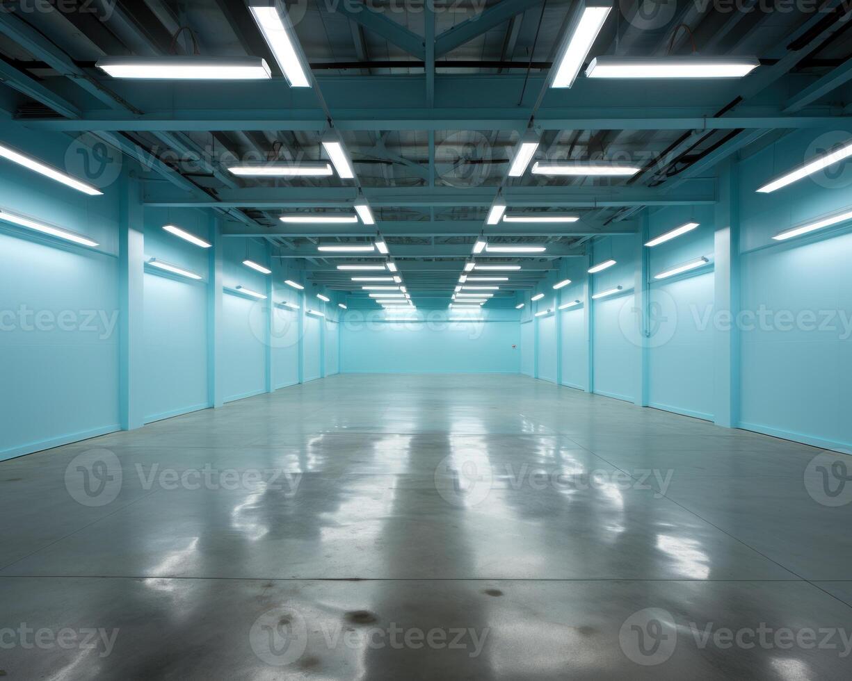 AI generated Brightly lit empty warehouse with numerous white lights illuminating the vast space, construction and engineering image photo