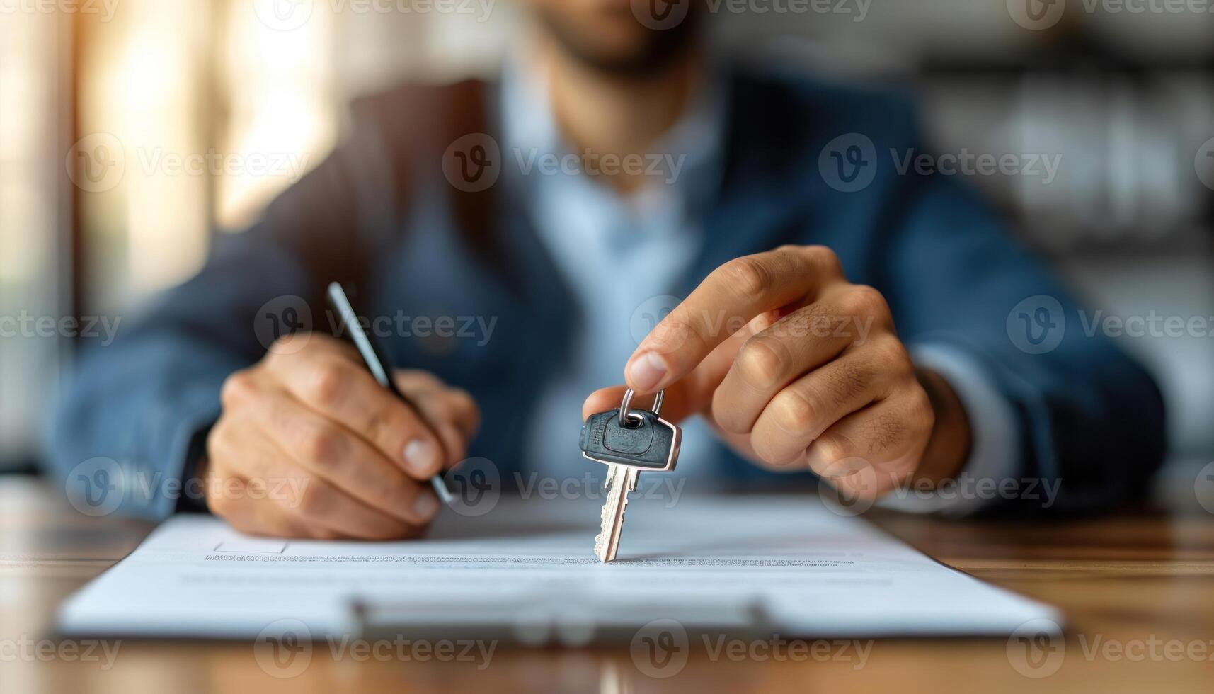 AI generated Sales manager hands keys to customer after signing rental lease contract, debt acceptance image photo