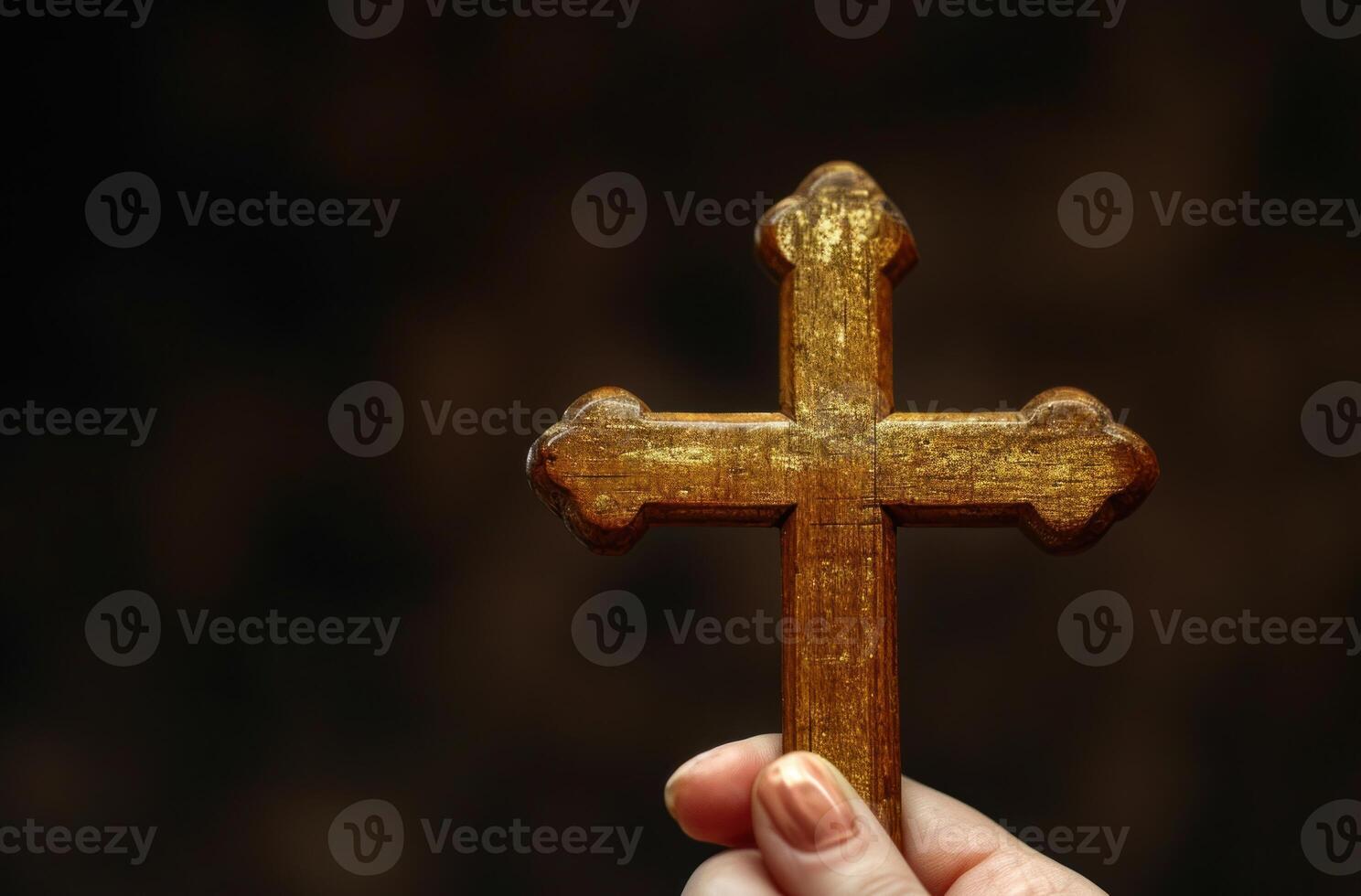 AI generated Female hand holds wooden cross, palm crosses image photo