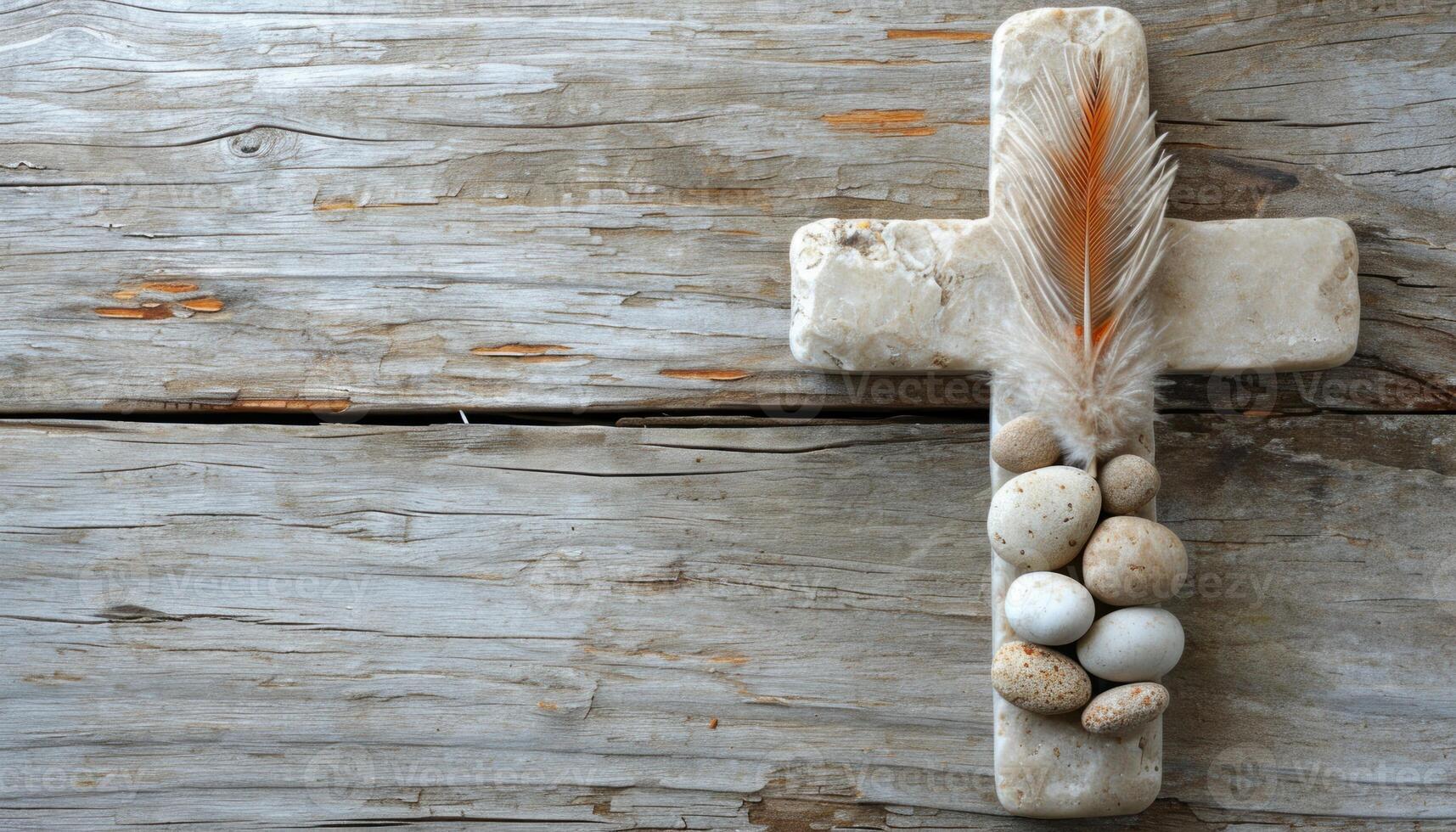 AI generated Stone cross with feather and pebbles on wood backdrop, palm sunday greetings concept photo