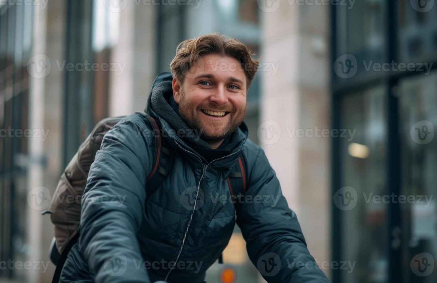 AI generated Happy man rides bicycle outside city building, fashion and style image photo