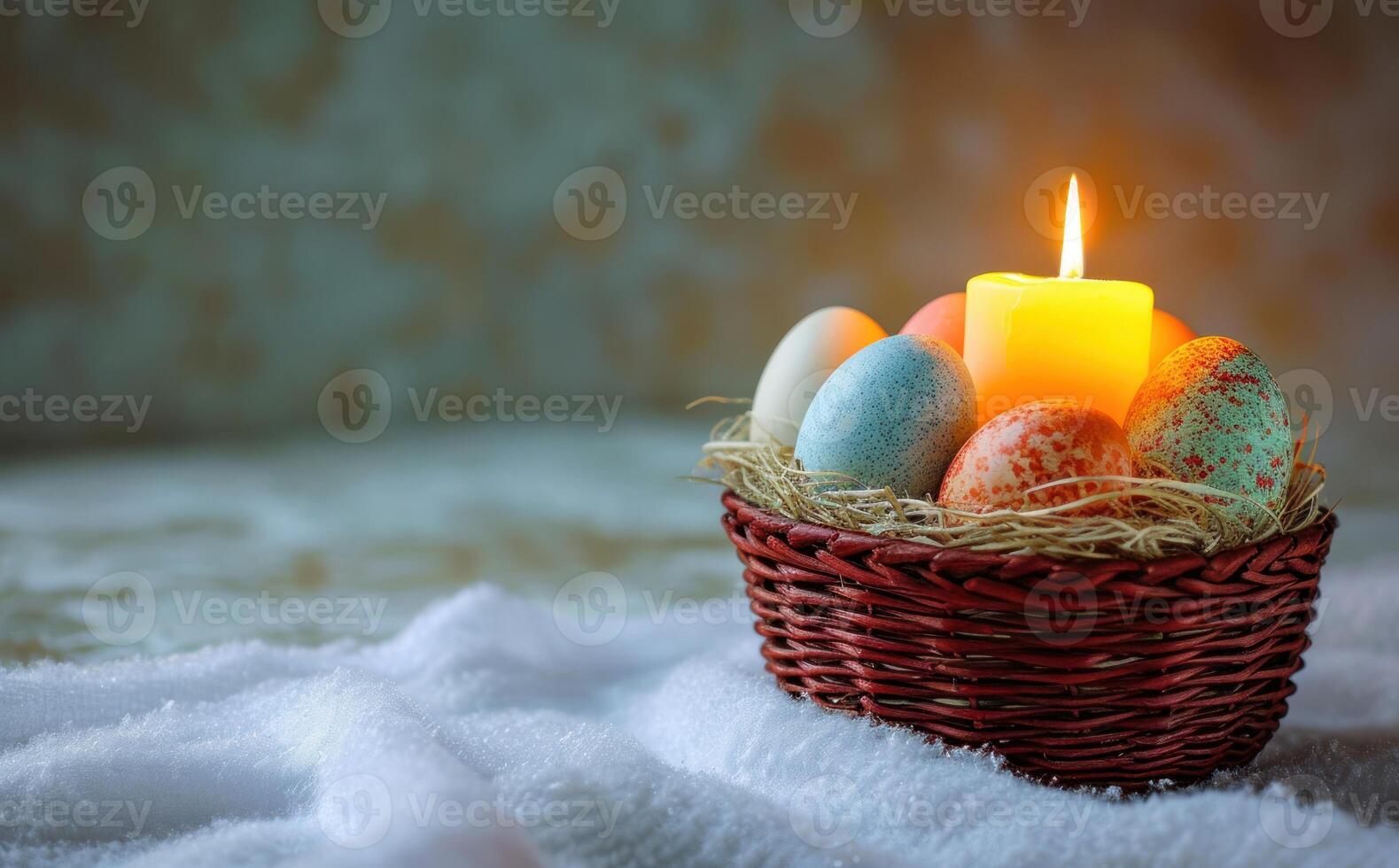 AI generated Colorful eggs in a basket with a glowing candle, easter candles picture photo