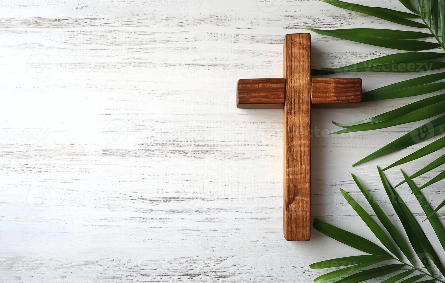 AI generated Wooden cross and palm leaf on white table, palm crosses image photo