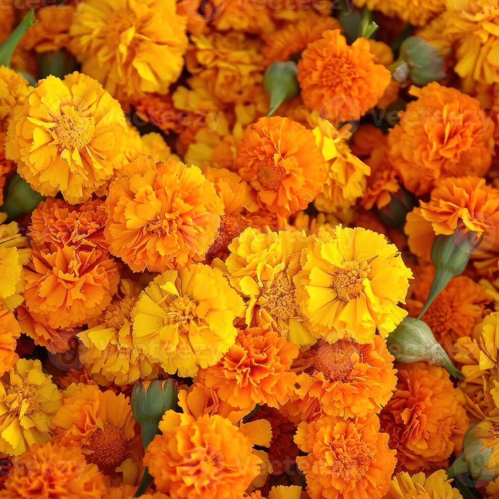 AI generated Vibrant marigold flowers stacked for gudi padwa festival celebration, gudi padwa decoration photo