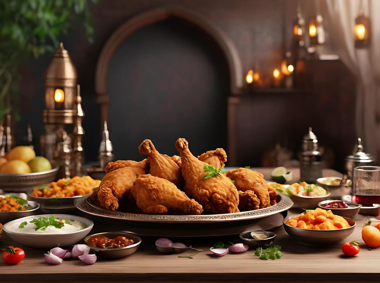 AI generated delicious arabiq chicken biryani on ramadan. delicious ramadan iftar food image. AI generated photo