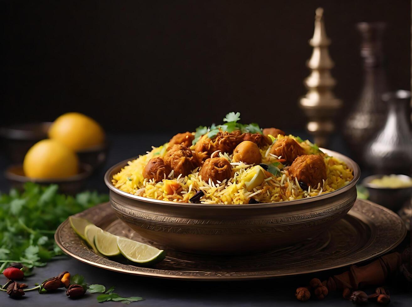 ai generado delicioso árabe pollo Biryani en Ramadán. delicioso Ramadán iftar comida imagen. ai generado foto