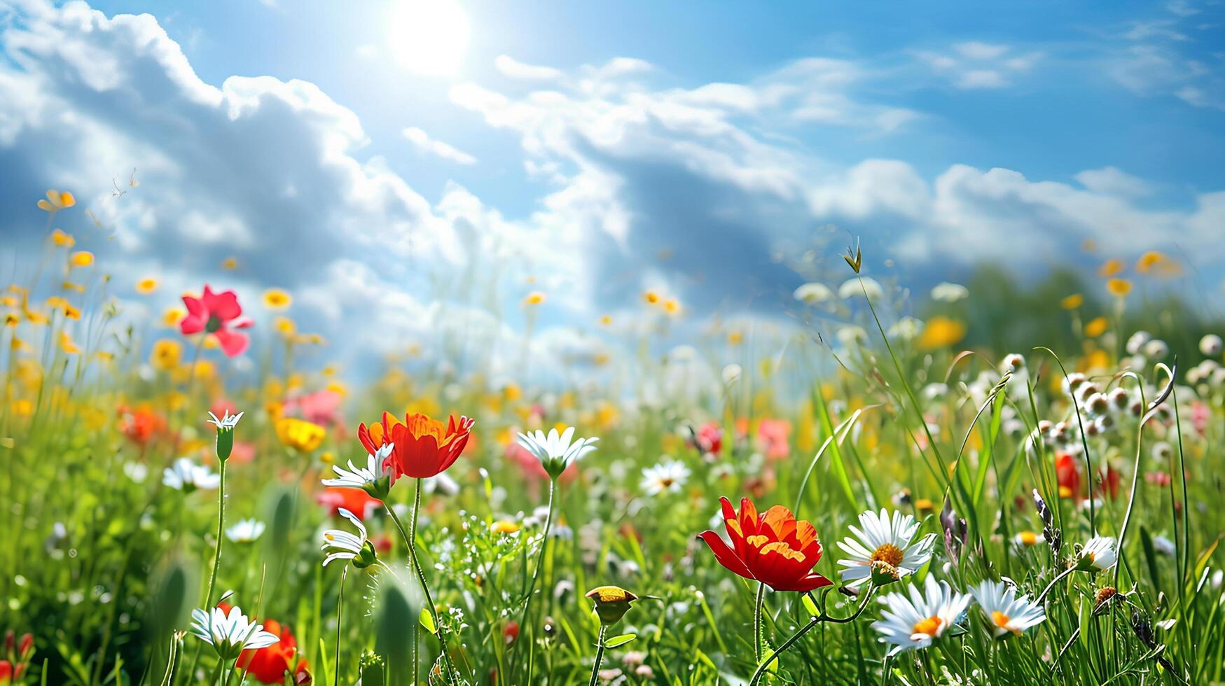 ai generado vibrante flores silvestres en un prado debajo un azul cielo. foto