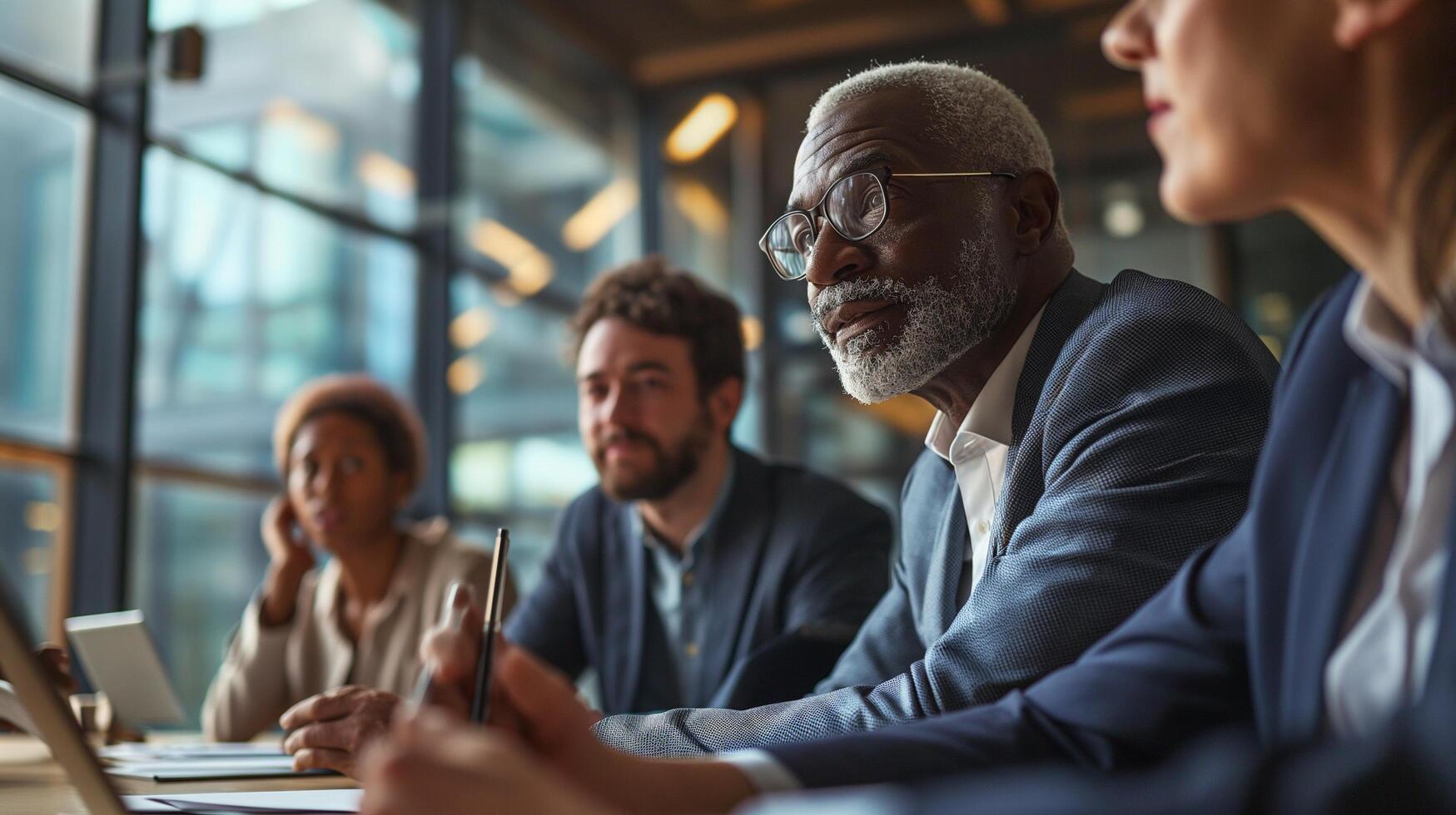 ai generado multigeneracional equipo que se discute negocio estrategias en moderno oficina foto