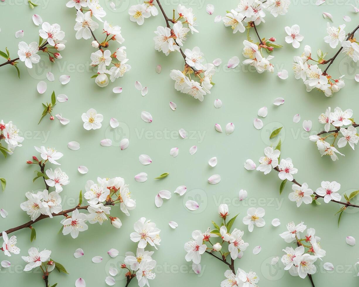 AI generated Blossoming Cherry Branches With Scattered Petals Against a Pastel Green Background photo