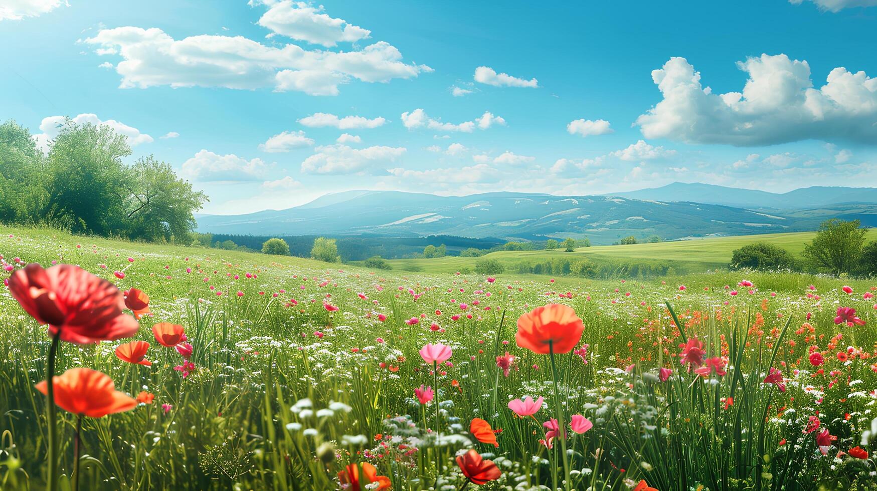 AI generated Vibrant wildflowers in a meadow under a blue sky. photo