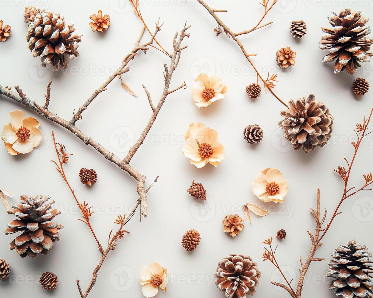 AI generated Pine cones, flowers and branches on a white background. Flat lay, top view photo