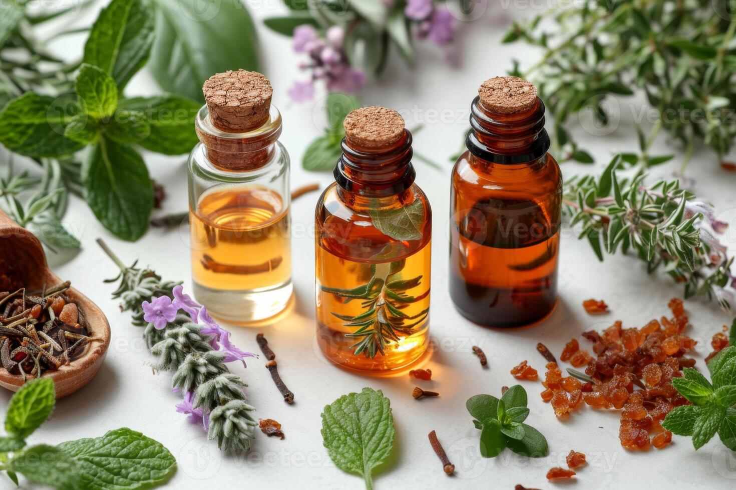 AI generated vials of essential oil and herbs on a white background. The concept of health photo