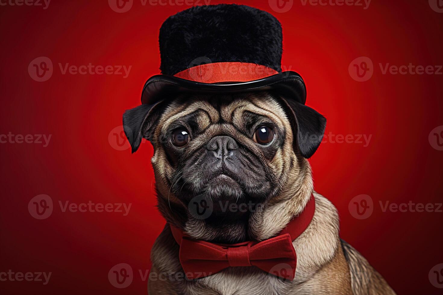 AI generated Adorable serious pug dog wearing a leather top hat and a red bow tie on a vignette red background photo