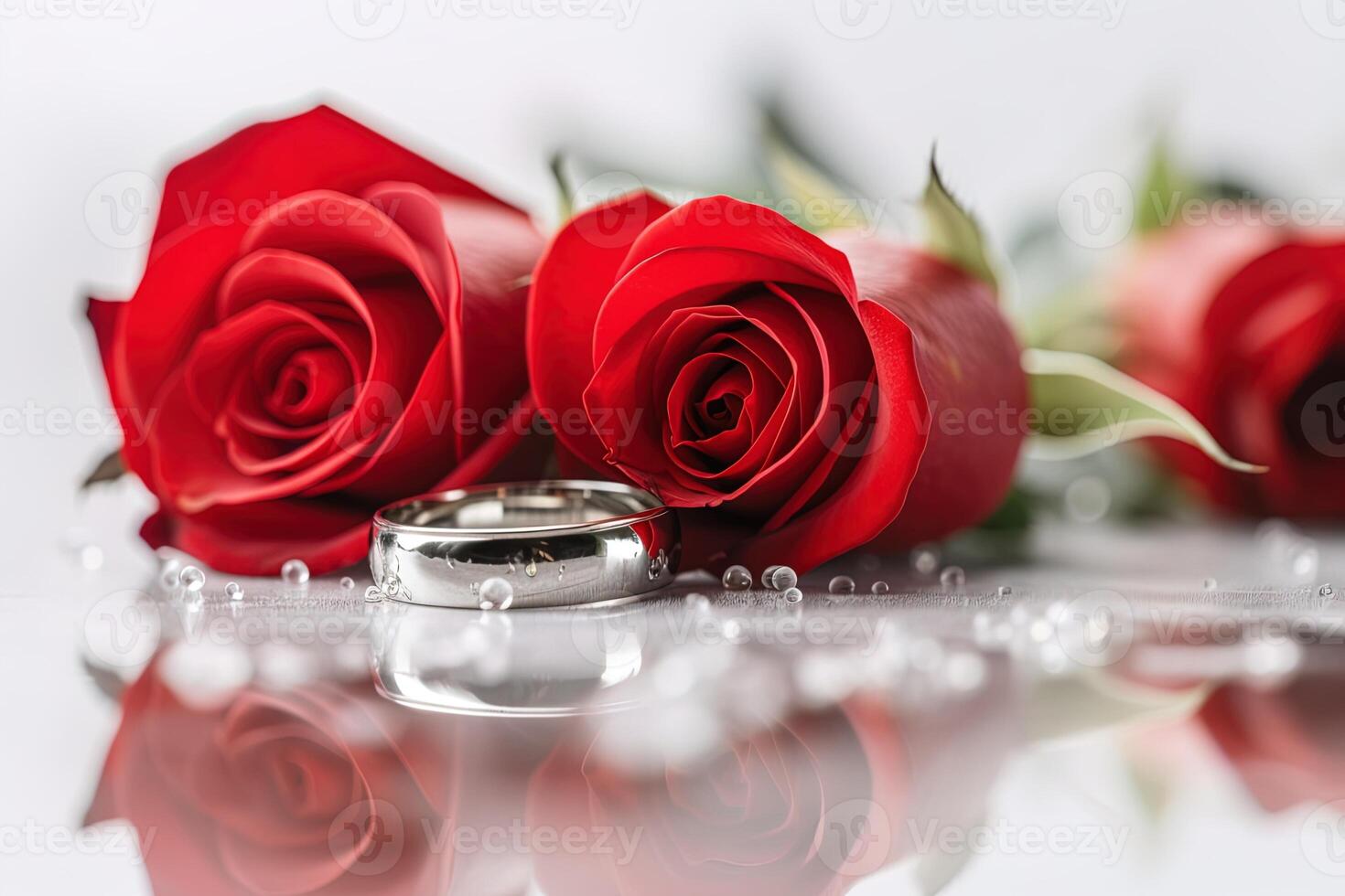 AI generated A wedding silver ring lies next to red roses on a white background. photo