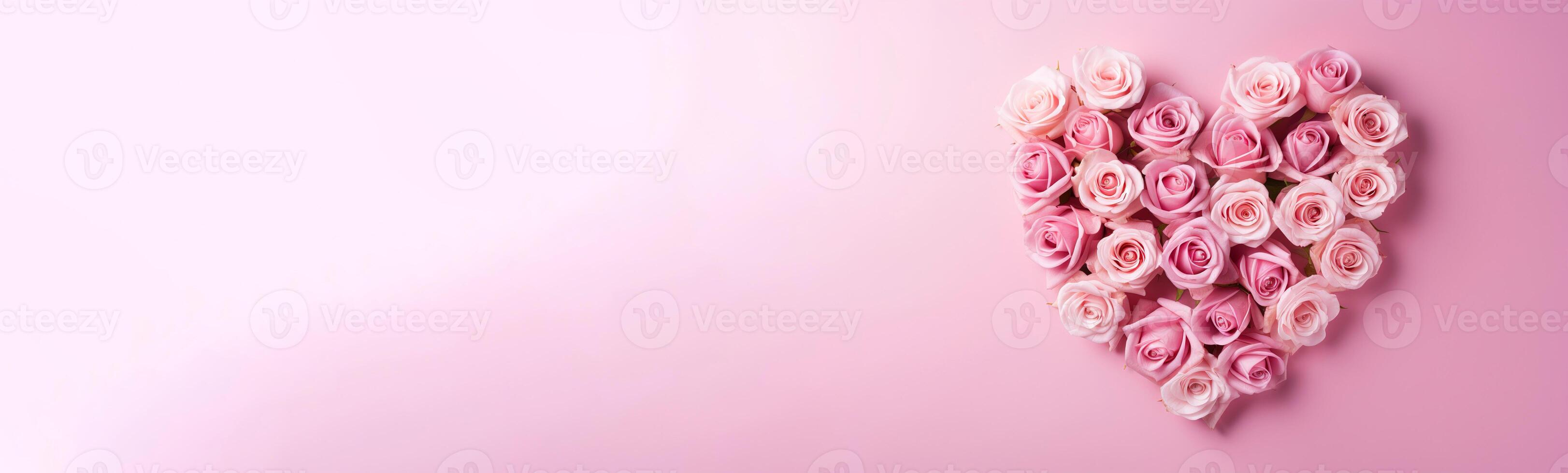 AI generated heart made of fresh pink roses on pink background top view, valentines day design banner photo