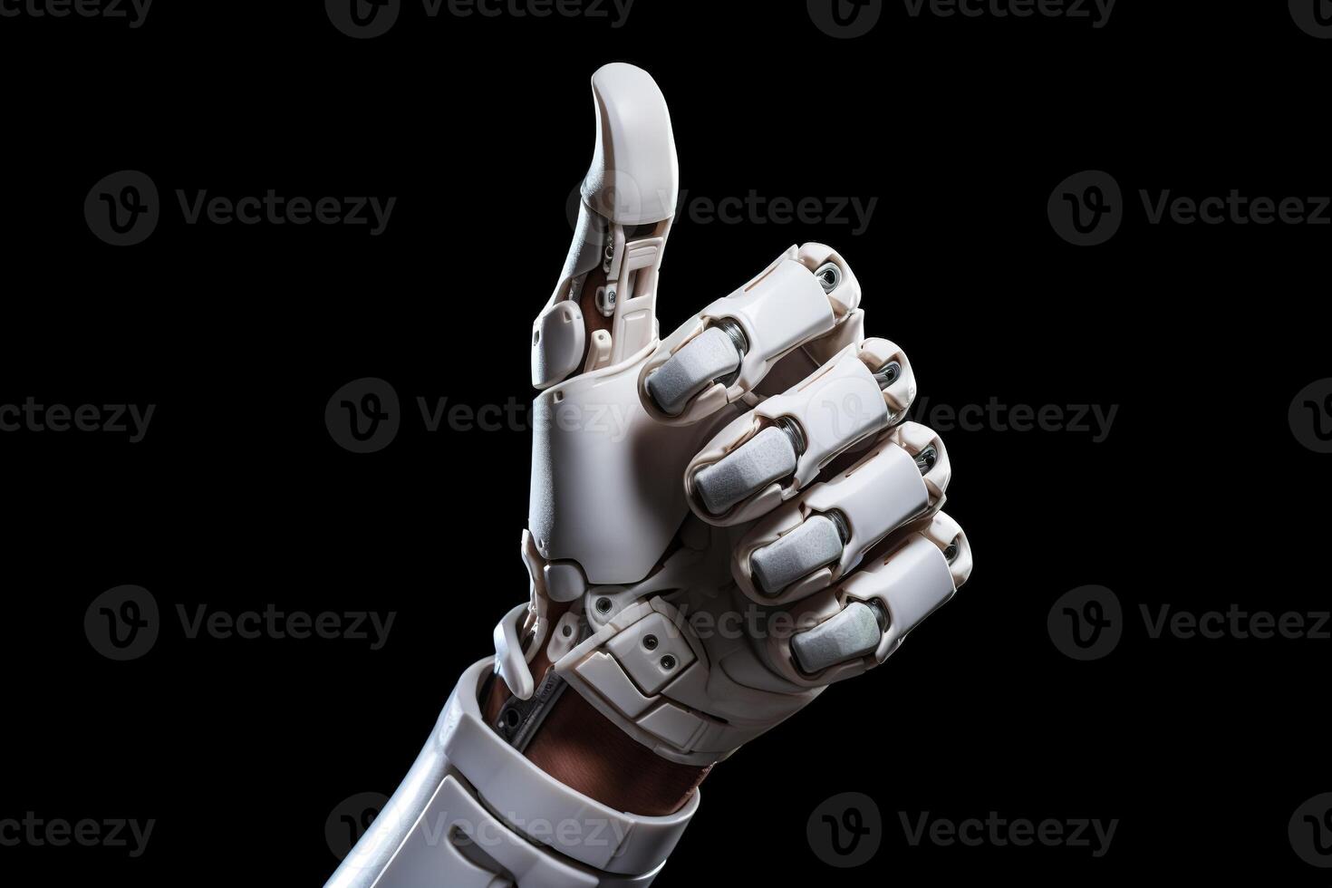 AI generated Male hand wearing a white sci fi robotic glove showing thumbs up as a sign of approval from the underside photo