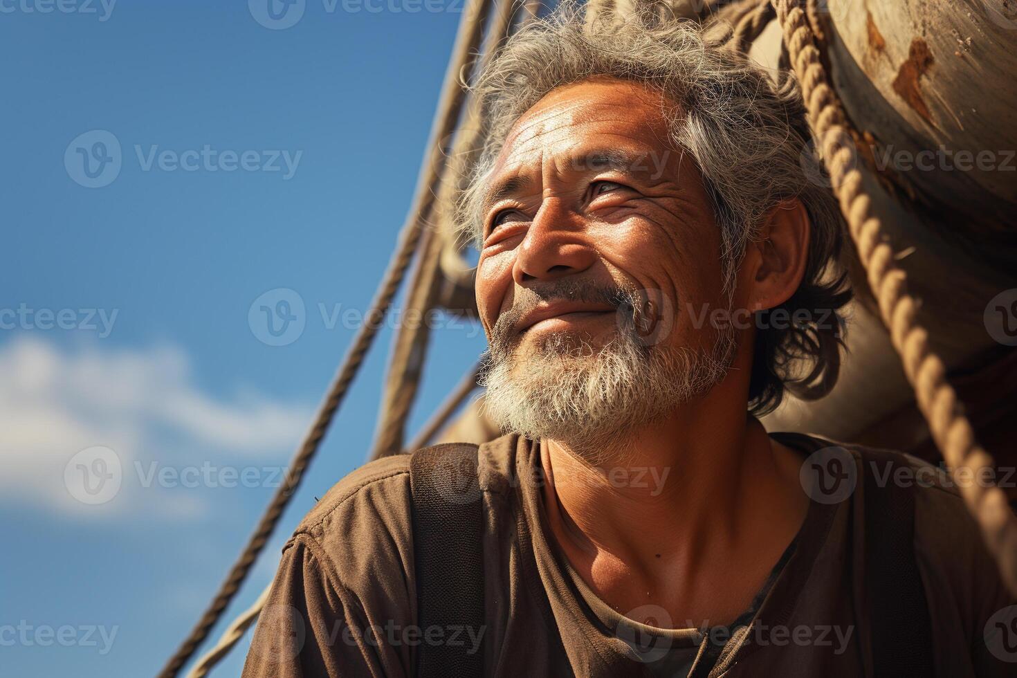 AI generated Smiling elderly Asian fisherman with gray hair, beard and wrinkles, squinting and looking into the distance photo