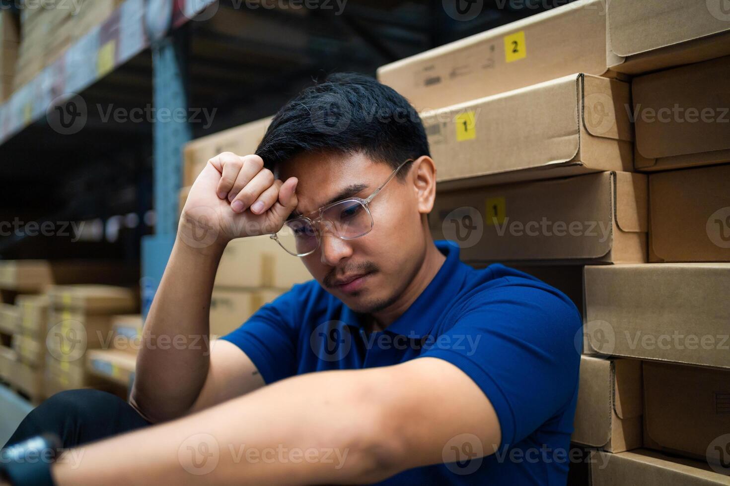 Close-up warehouse worker who is tired from work. Being fired from work. Unemployment. Failure. Desperation for work. photo