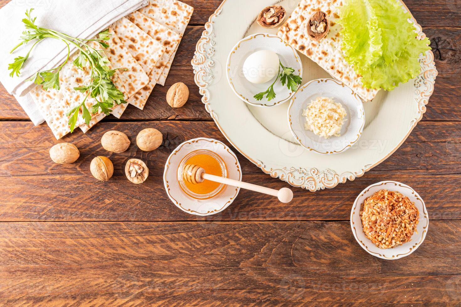 Festive background for Jewish Passover holiday with traditional food and symbols. The concept of the Passover holiday. Top view. photo