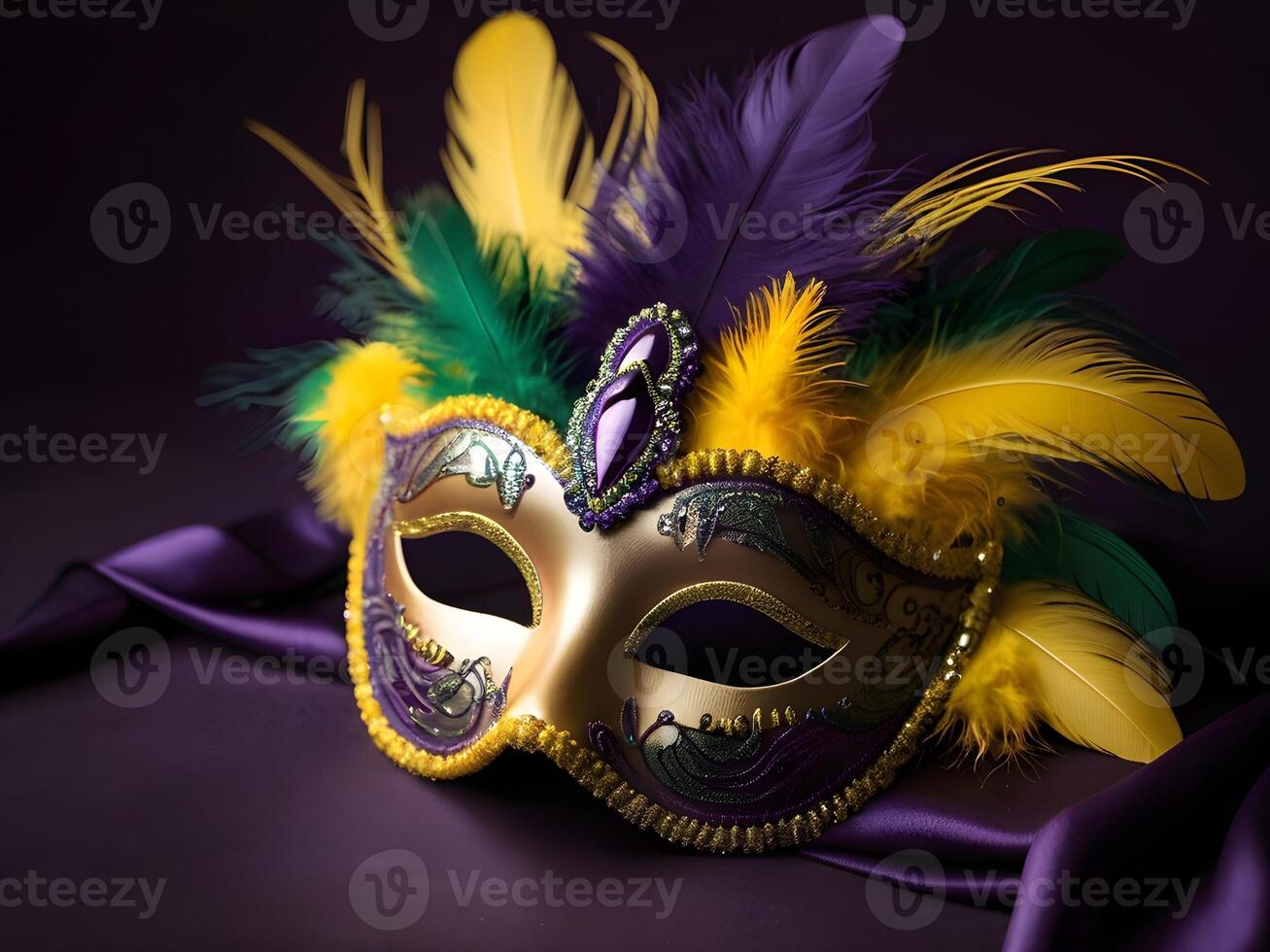 AI generated a mardi gras mask with feathers and gold accents photo