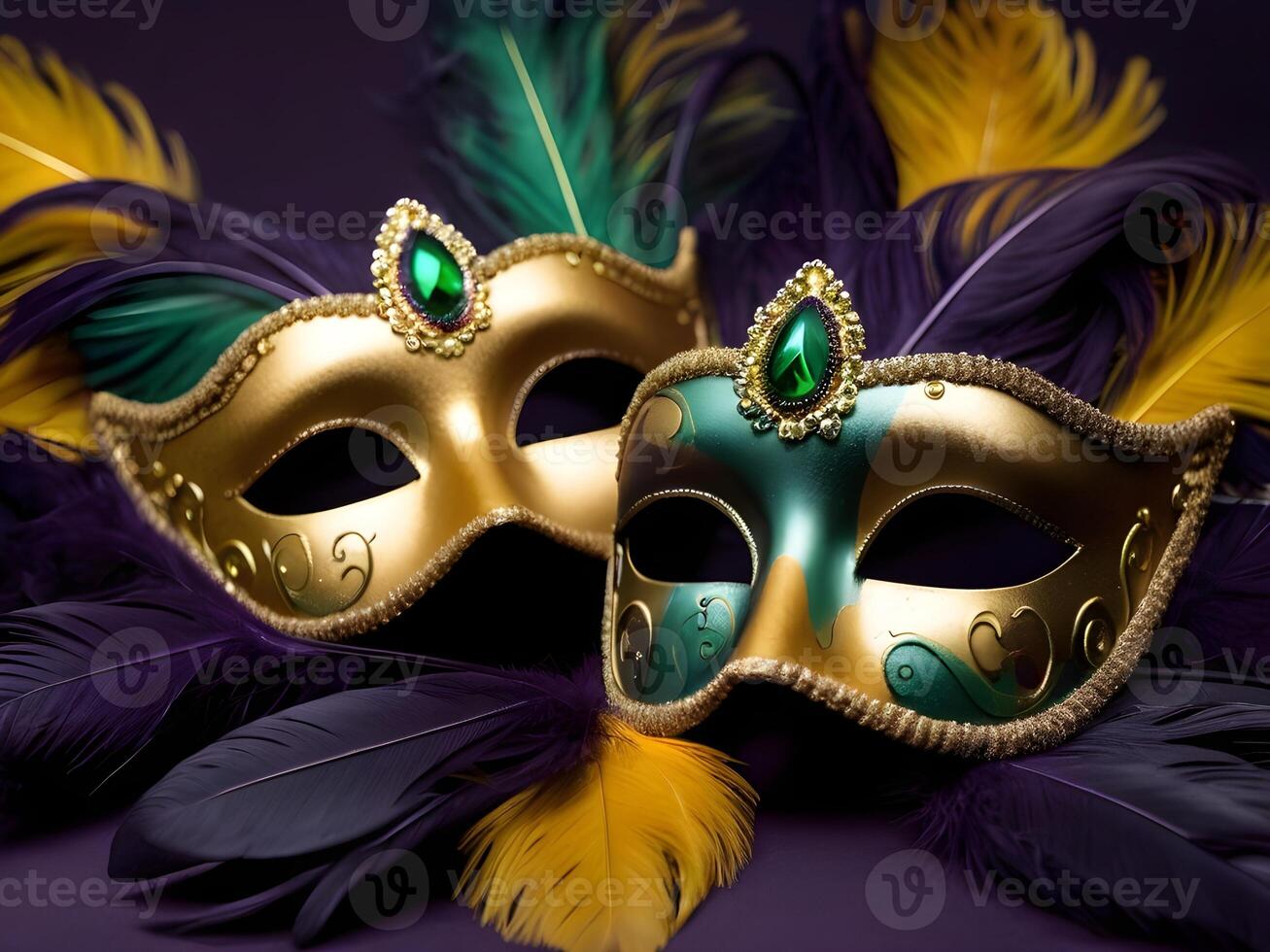AI generated two mardi gras masks with feathers on a purple background photo