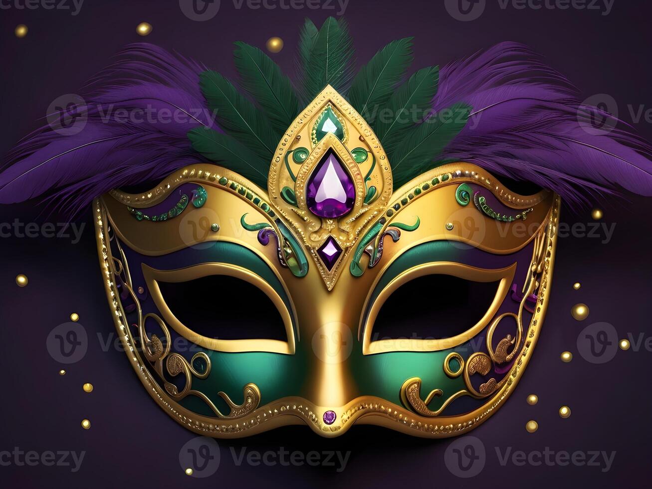 AI generated a mardi gras mask with purple feathers and gold accents photo