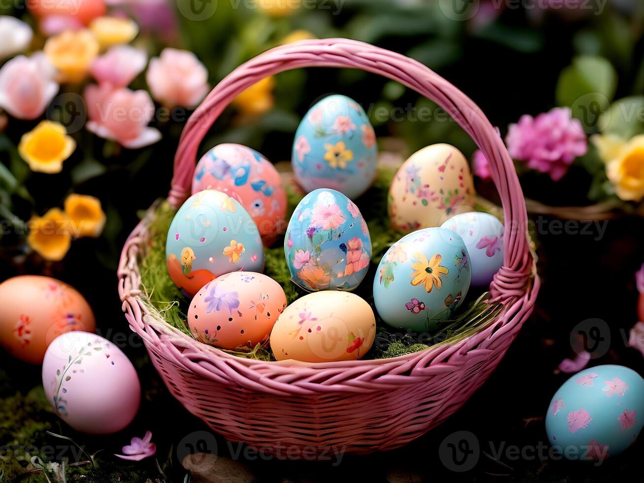 AI generated easter eggs in basket with flowers in spring time photo