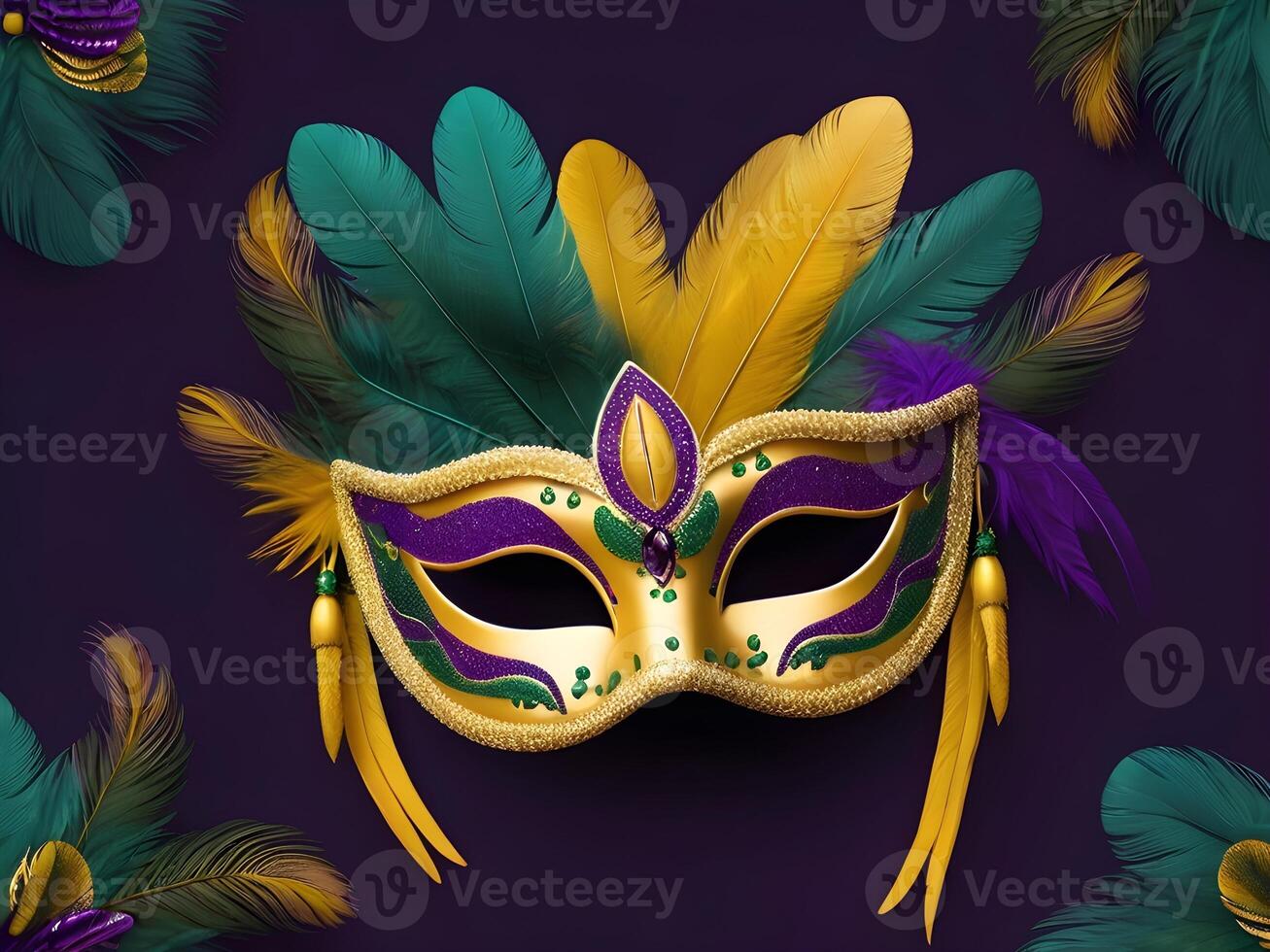 AI generated mardi gras mask with feathers on purple background photo