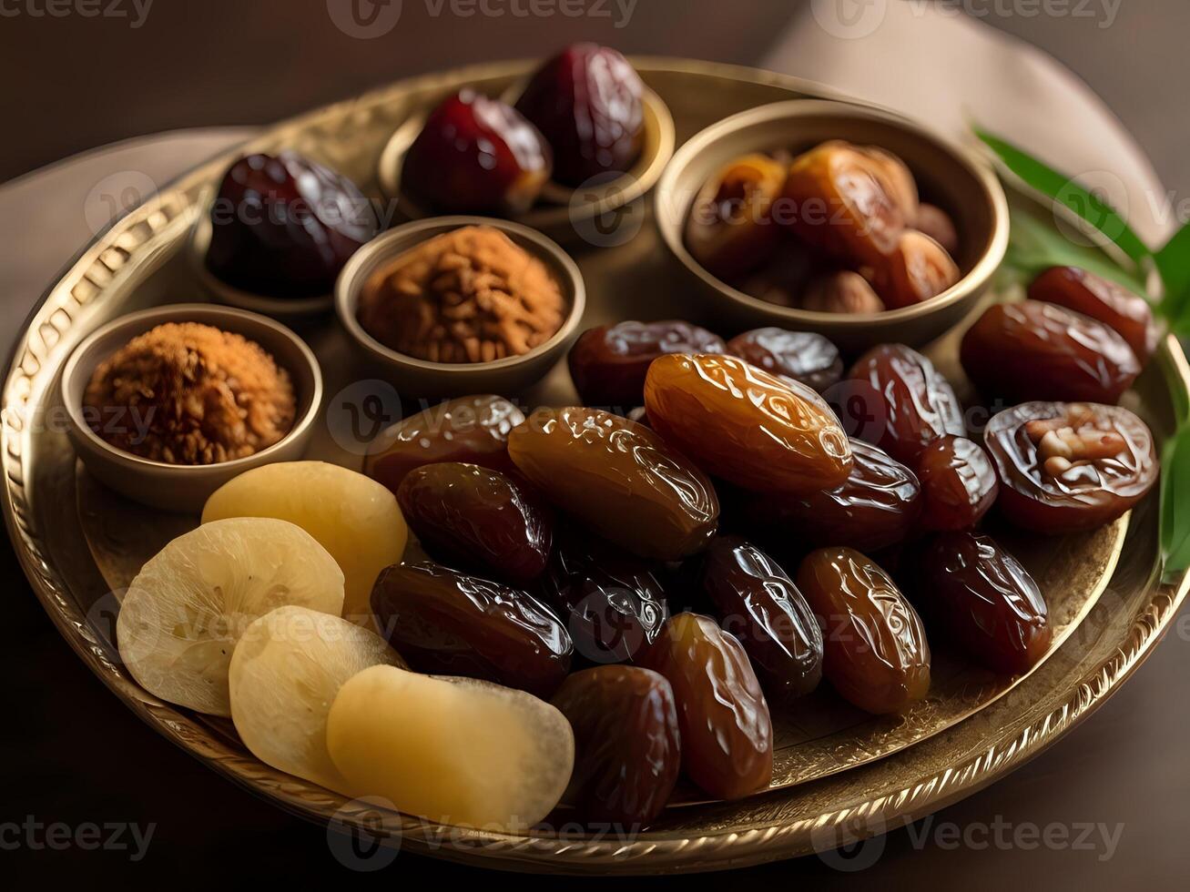AI generated a plate with dates, nuts and spices photo