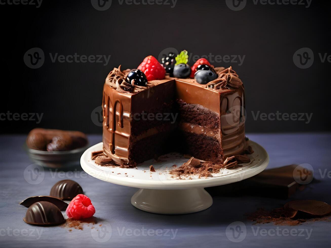 AI generated a chocolate cake with berries and chocolate on a plate photo