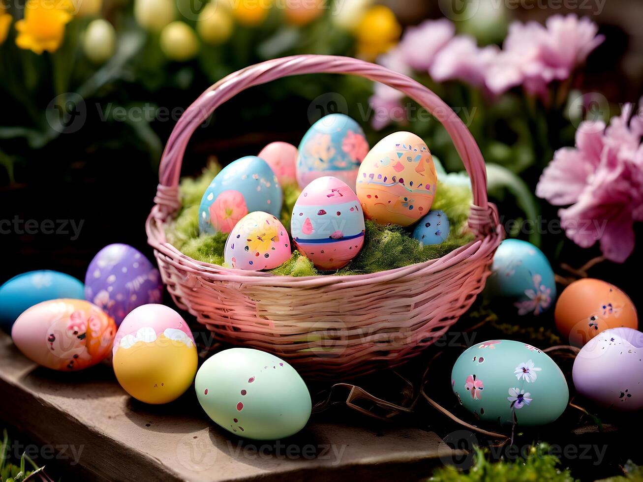 AI generated easter eggs in basket with flowers in spring time photo