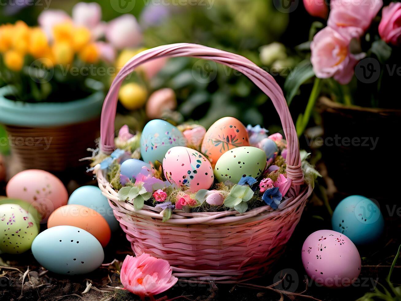 AI generated easter eggs in basket with flowers in spring time photo