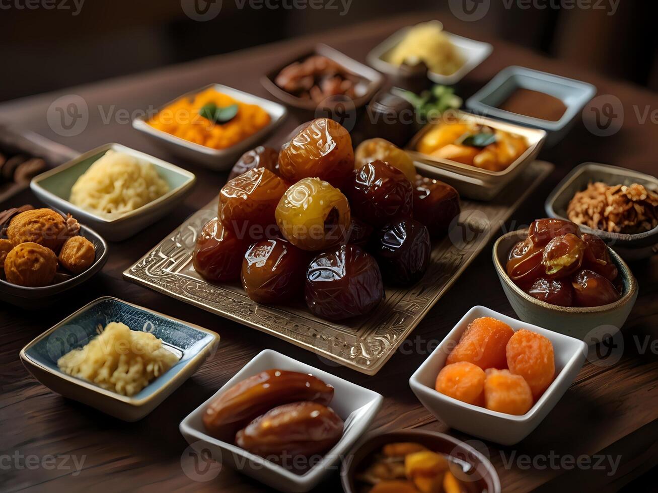 AI generated a table with many different types of dried fruits photo