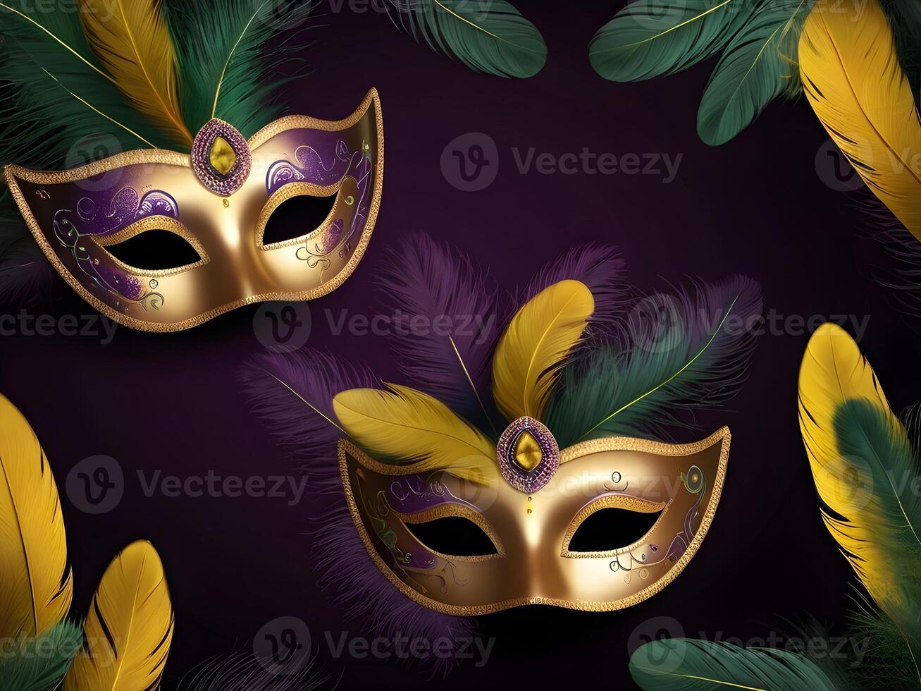 AI generated mardi gras masks with feathers on purple background photo