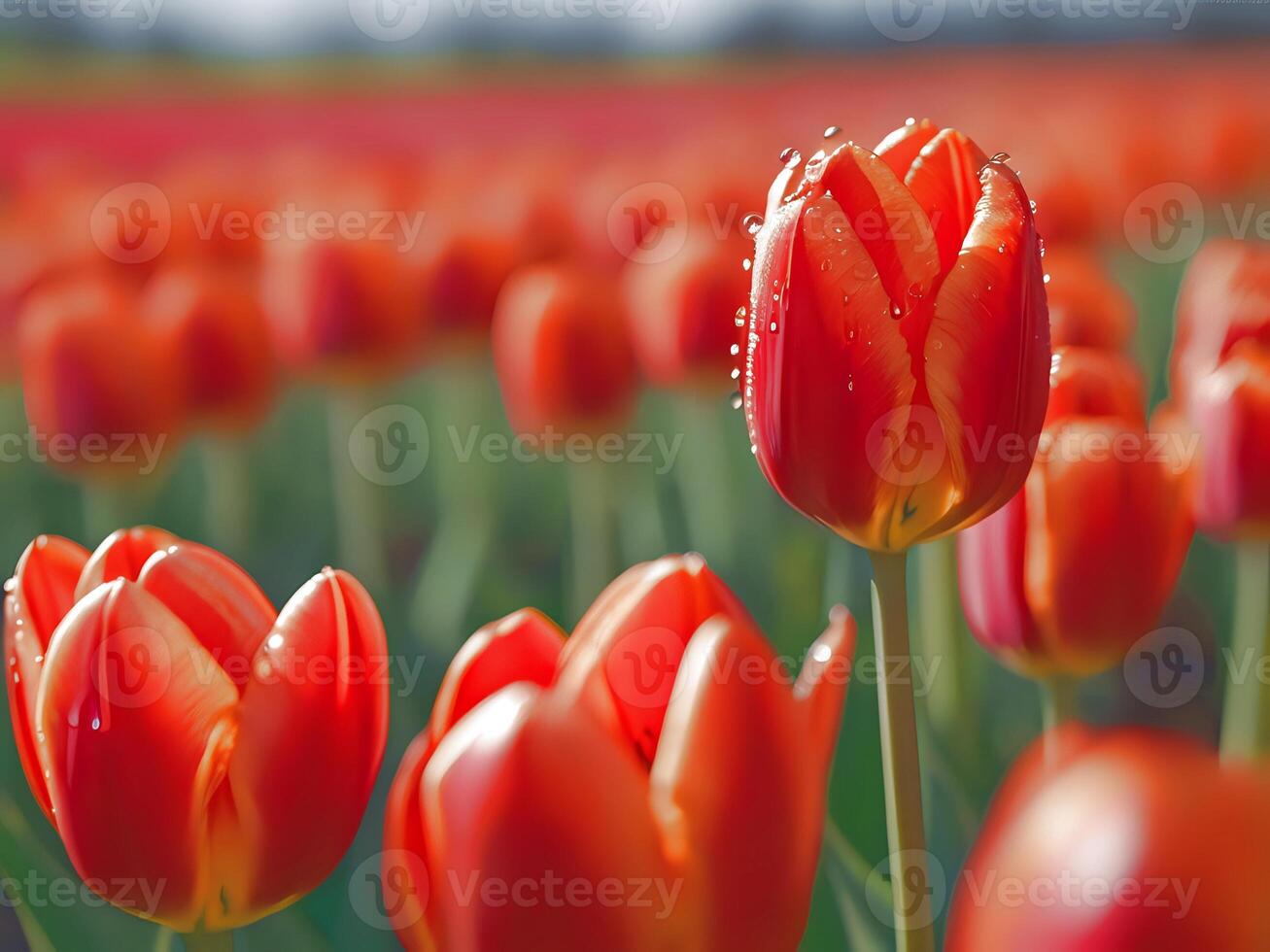 ai generado un campo de rojo tulipanes con agua gotas en ellos foto