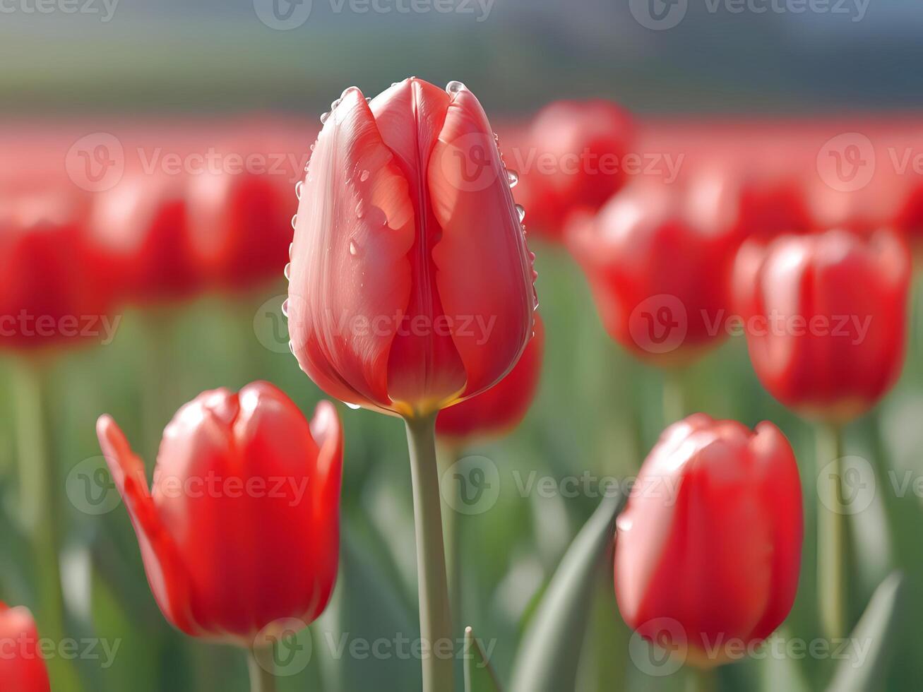 AI generated red tulips in a field with a blurry background photo